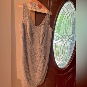 Beautiful lace overlay gray cocktail length bridesmaids dress David’s Bridal